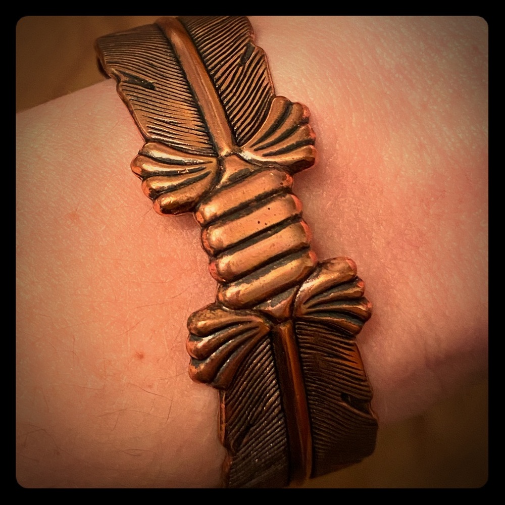 Copper cuff feather bracelet